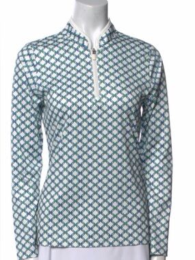 Women’s Tory Sport printed mock neck top in a blue geometric chain link pattern
